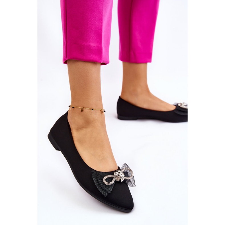 PS1 Ženske balerinke na špic s ukrasnom mašnom crne svjetleće crno 2
