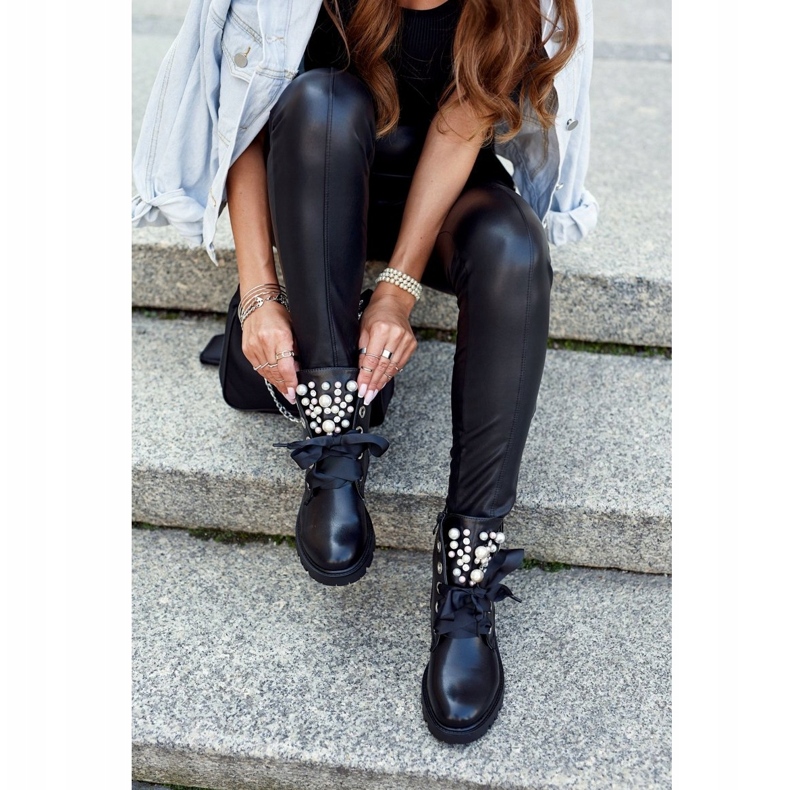 PA1 Ženske čizme s biserima tople Skoll vrpce crna 5