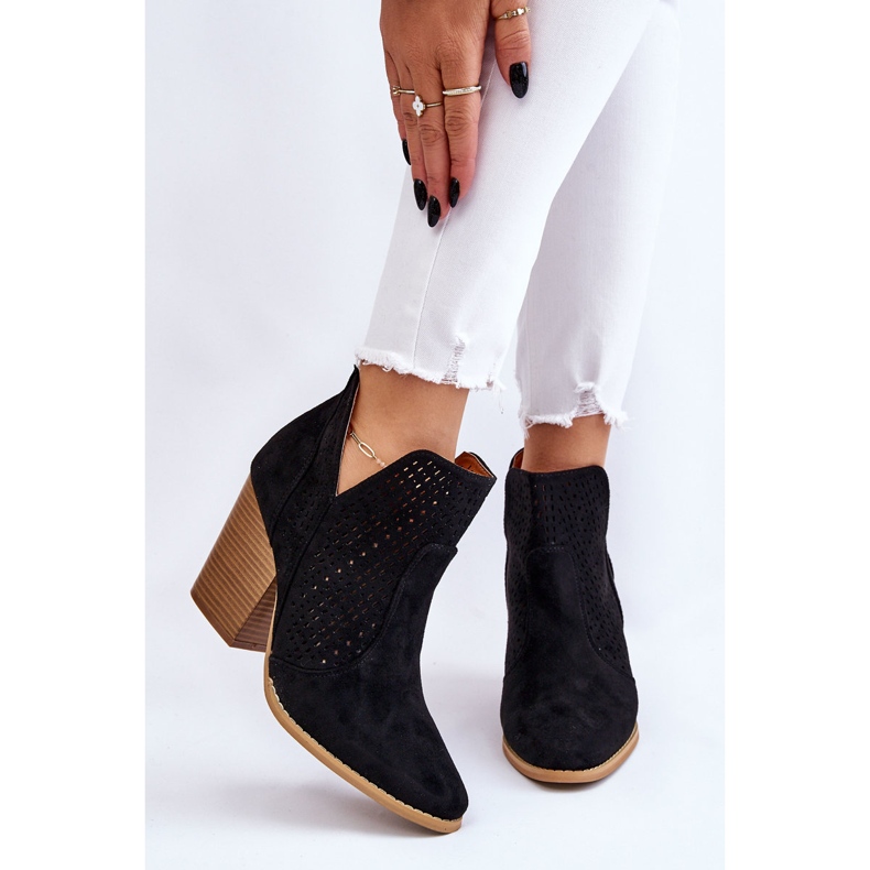 PM1 Ženske čizme na visoku petu od brušene kože ažur crne nijanse crno 1