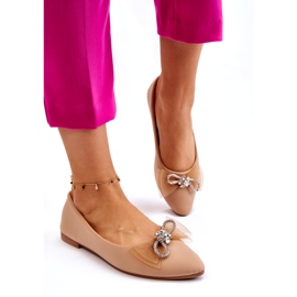 Ženske balerinke na špic s ukrasnom mašnom, tamno bež 3