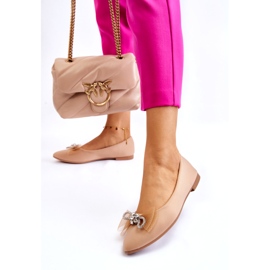 Ženske balerinke na špic s ukrasnom mašnom, tamno bež 1