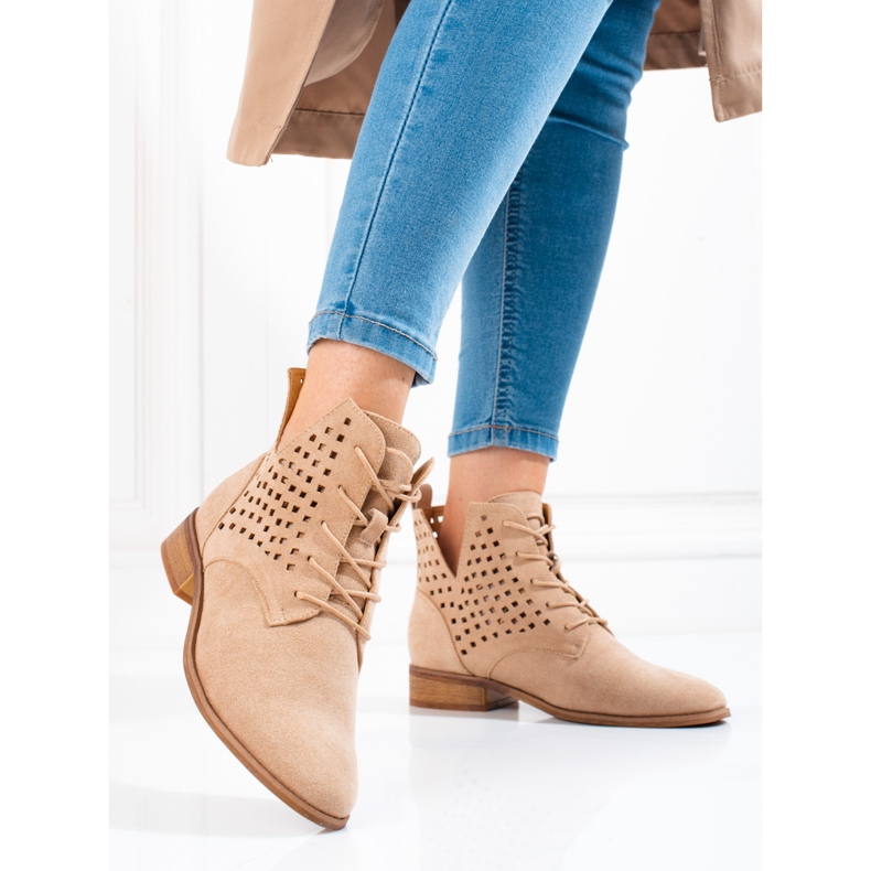 W. Potocki Ženske ažurne čizme na vezanje Potocki bež boje 2