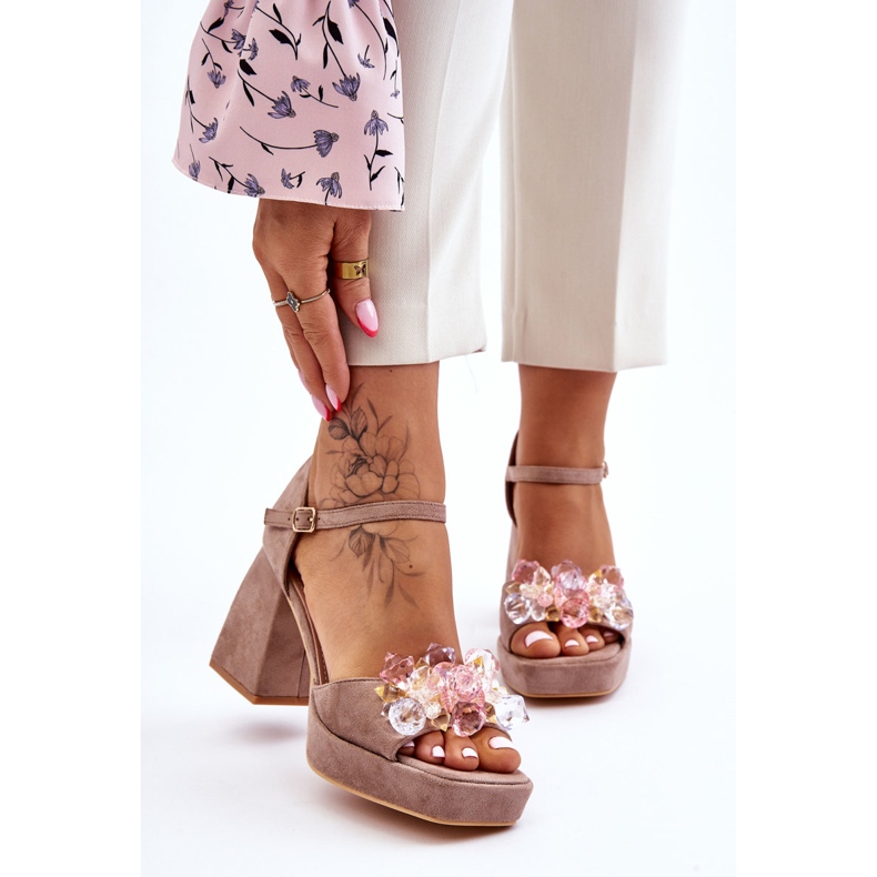 PS1 Modne sandale s kristalima na masivnoj peti Tamno bež Garrett smeđa 1