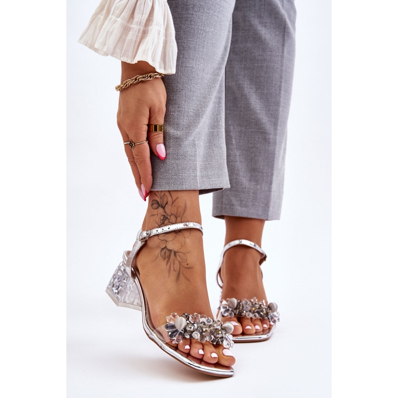 S.Barski Ženske sandale na nisku petu s ornamentima Silver Benicio srebro 1