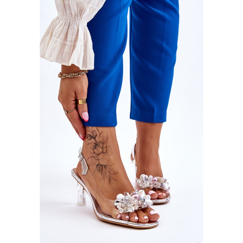 S.Barski Elegantne prozirne sandale sa srebrnim lila ukrasom srebro 1