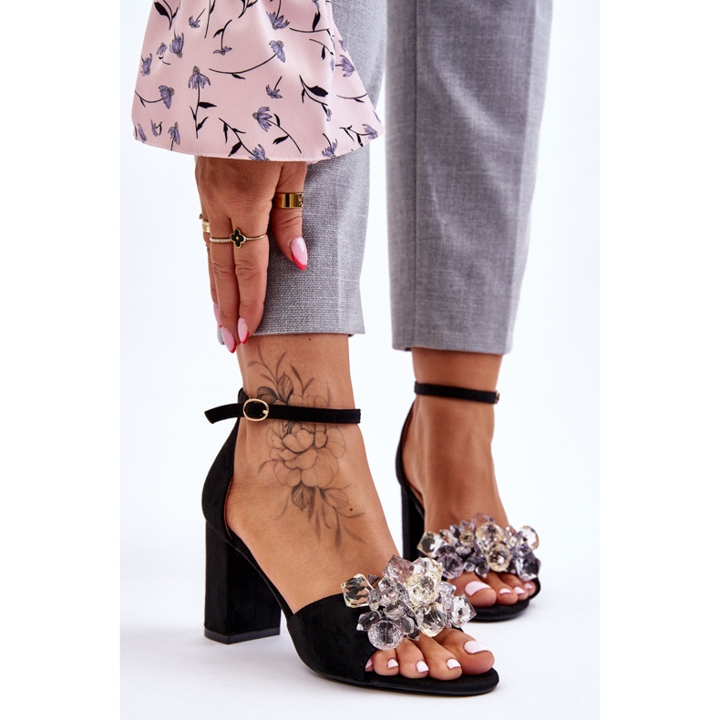 Elegantne crne Cameron sandale na visoku petu s kristalima crno 1