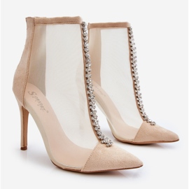 Moderne ženske čizme na visoku petu s mrežicom Rummi bež boje 1