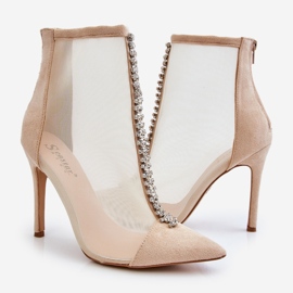 Moderne ženske čizme na visoku petu s mrežicom Rummi bež boje 2