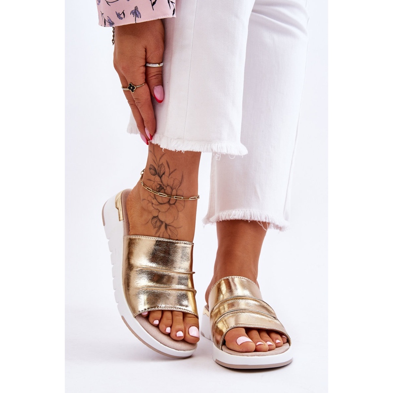 S.Barski Ženske kožne papuče na niskom klinu zlatne Leone zlatni 1