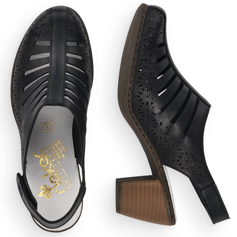 Kožne udobne ženske sandale na visoku petu Rieker 40959-00 crno 2