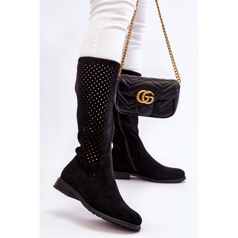 S.Barski Ženske ažurne čizme preko koljena od brušene kože crne savane crna 2