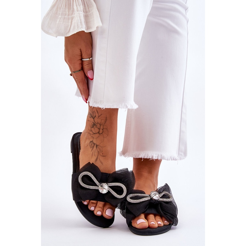 PS1 Ženske papuče s mašnom i kamenčićima crne Jolene crna 1