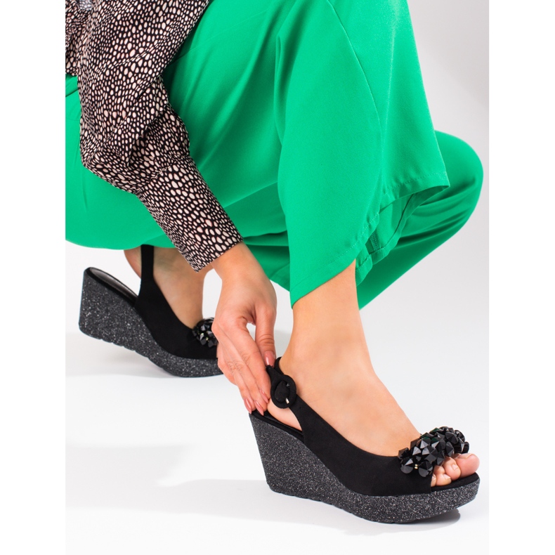 Ženske Shelovet sandale na klin od brušene kože crne boje crno 2