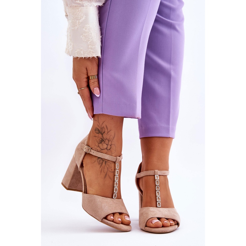 Vinceza Aniya bež sandale na visoku petu od brušene kože sa kamenčićima smeđa 1