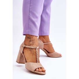 Vinceza Aniya bež sandale na visoku petu od brušene kože sa kamenčićima smeđa 2