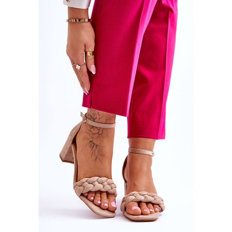 FB2 Sandale na visoku petu od brušene kože s ukrasnim bež Azela pletenicama smeđa 1