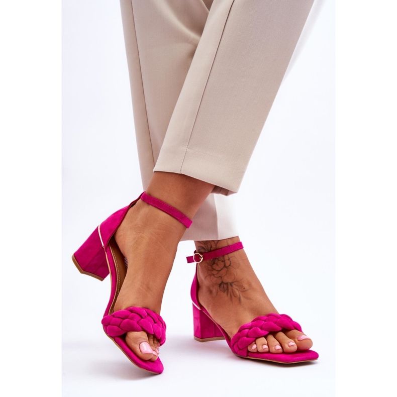 FB2 Sandale na visoku petu od brušene kože s ukrasnim pletenicama boje fuksije ružičasta 2