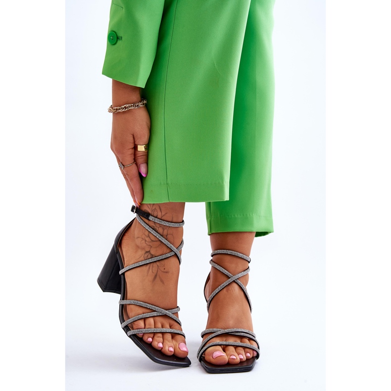 FJ1 Ženske kožne sandale s visokim potpeticama od kubičnog cirkonija crne boje Liviano crna 1