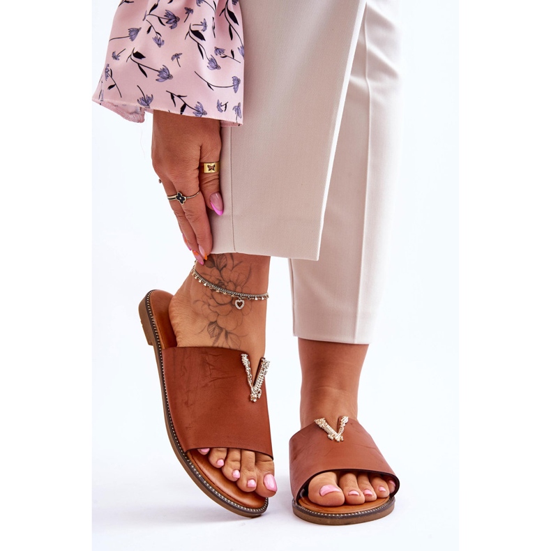 FJ1 Ženske klasične Camel Bertha ukrašene papuče smeđa 1