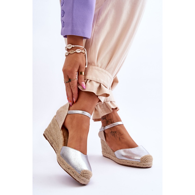 Kožne espadrile Sandale na klin Srebrni Cammer srebro 2