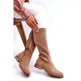 S.Barski Ženske ažurne čizme preko koljena od brušene kože bež savannah boje 4