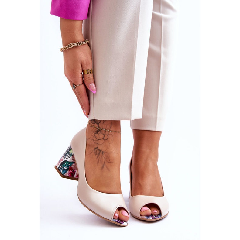 Lewski Shoes Kožne salonke s ukrasnom petom Leski Shoes 2608/K Beige Pearl bež 1