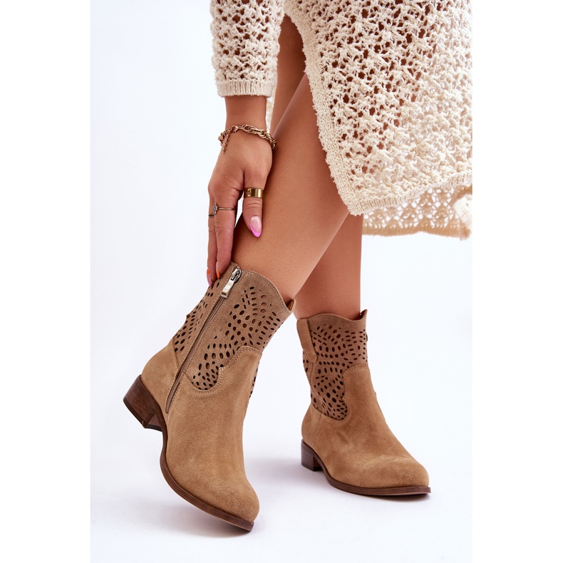Lewski Shoes Ženske ažurne čizme od brušene kože Leski Shoes 3301 Bež 2