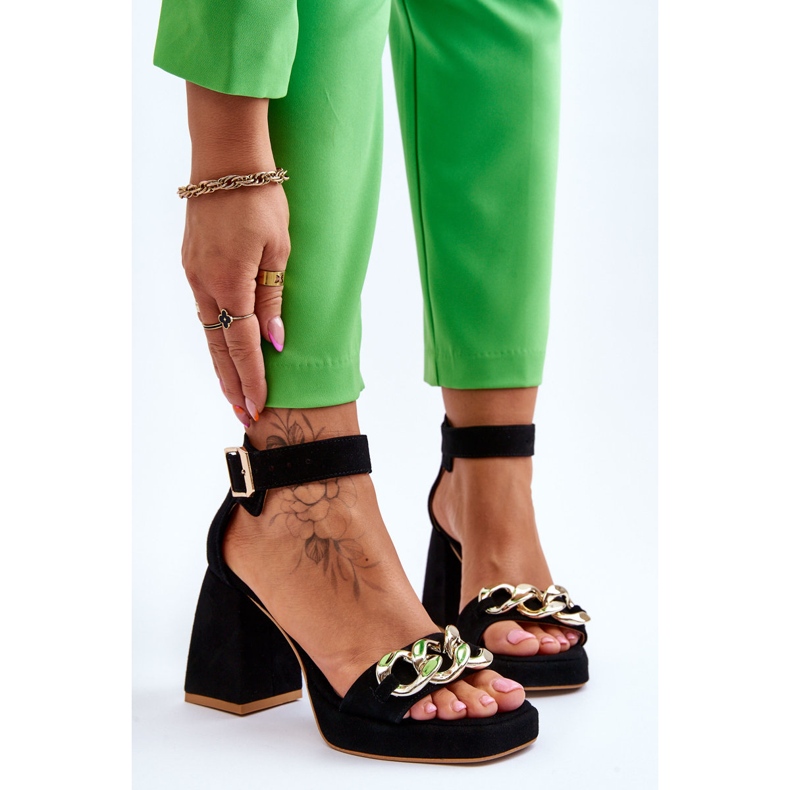 Lewski Shoes Ženske antilop sandale na masivnu petu Leski Shoes 3207 crne crna 1