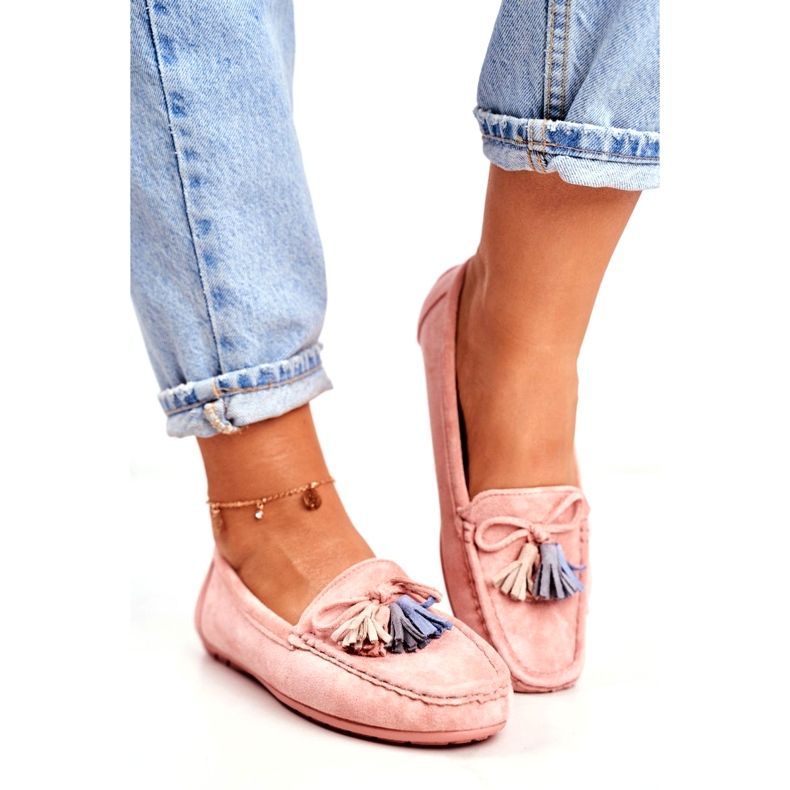 Ženske mokasine od brušene kože s resama 20PB35-2003 Ružičasta 1