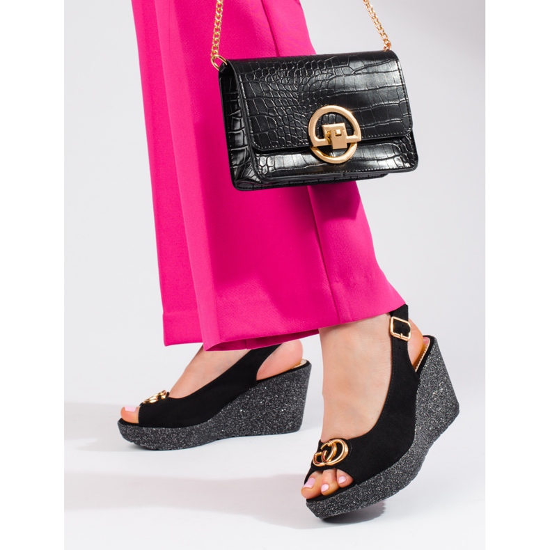 Ženske Shelovet crne sandale na klin od brušene kože crna 2