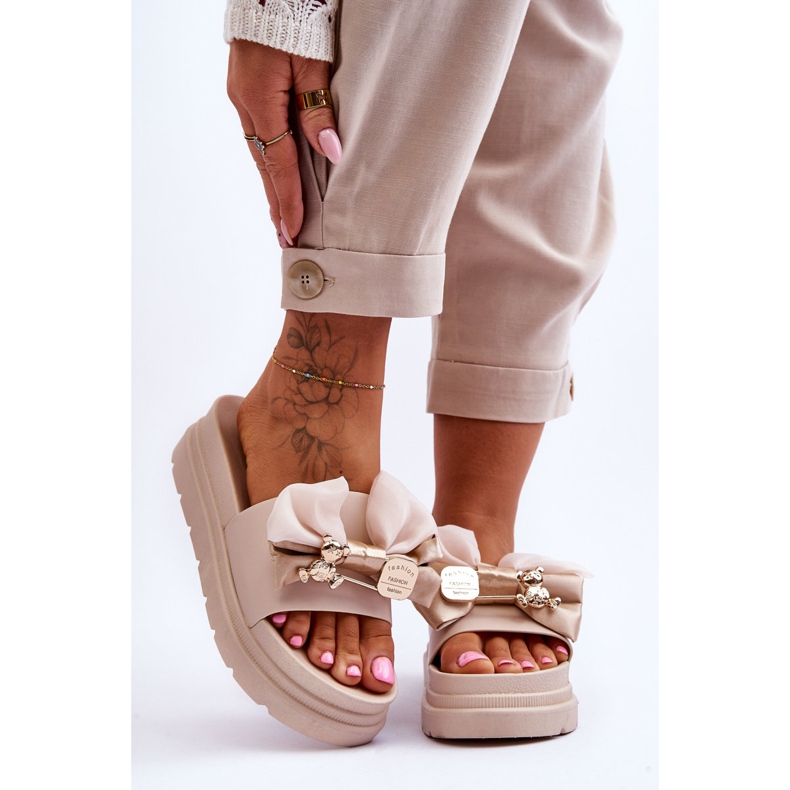 PE1 Papuče s mašnom i ukrasom Teddy Beige Suzy bež 1