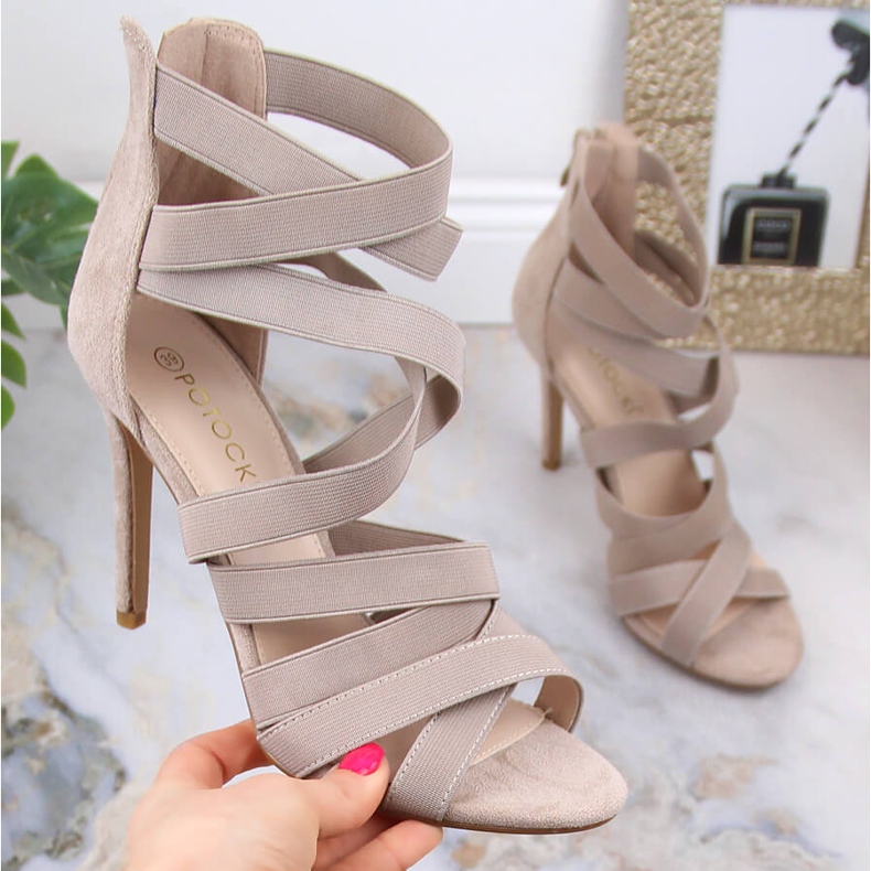 Ženske bež sandale od brušene kože na visoku petu Potocki LE20016 1