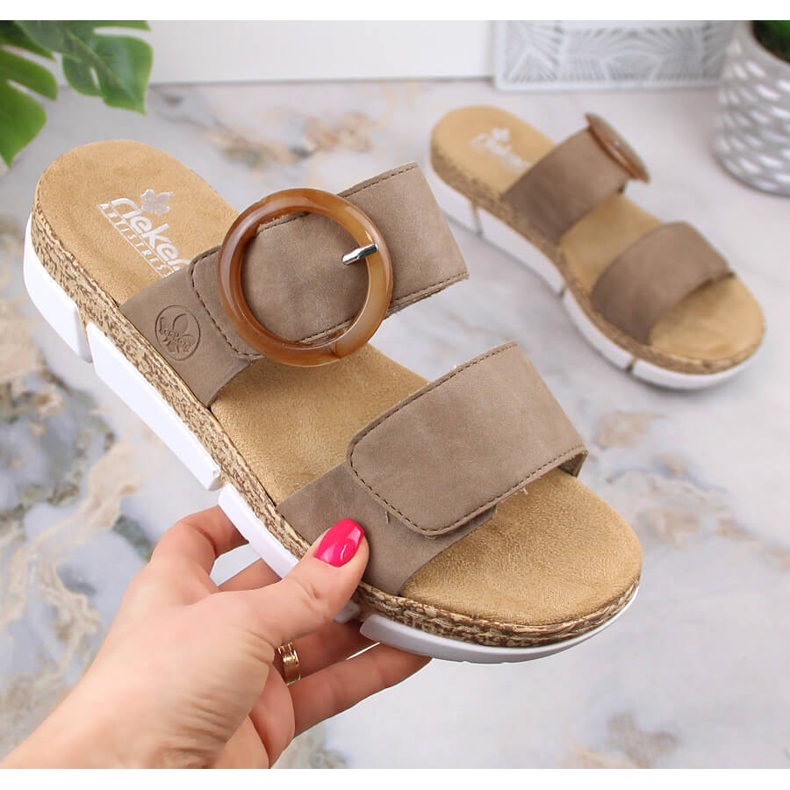 Udobne ženske papuče na čičak bež Rieker V2392-62 1