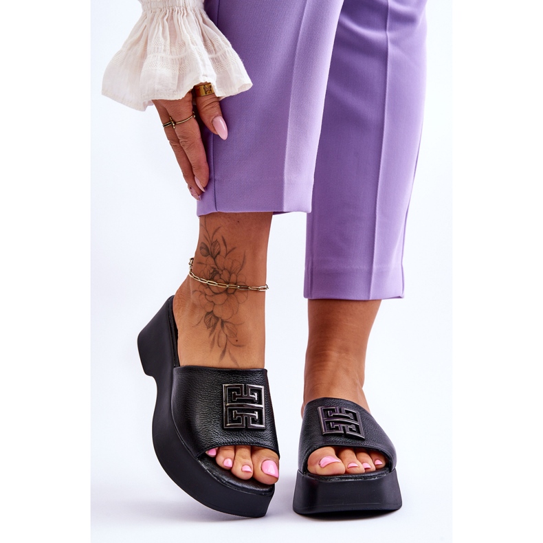 Lemar Ženske kožne papuče s platformom s ukrasima crne Renna crno 1