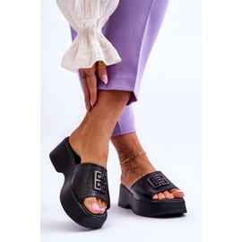 Lemar Ženske kožne papuče s platformom s ukrasima crne Renna crno 2