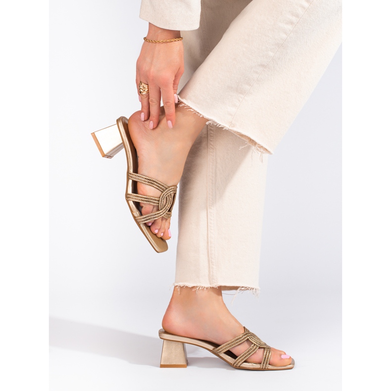 Ženske elegantne Shelovet zlatne papuče na stup zlatni 2