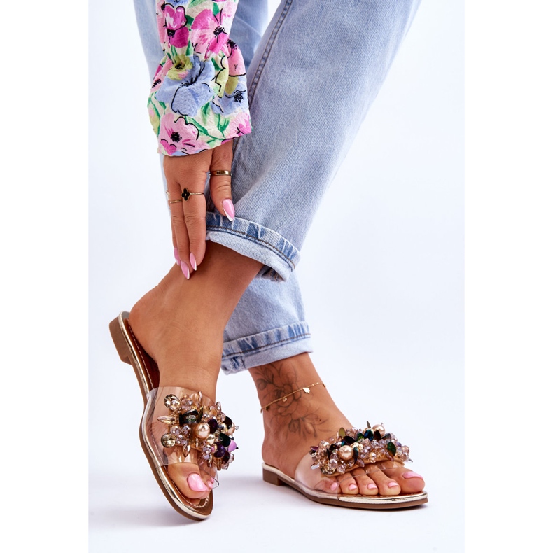 Ženske papuče s ukrasnim kamenčićima S.Barski KV-576-3 zlatne zlatna 2