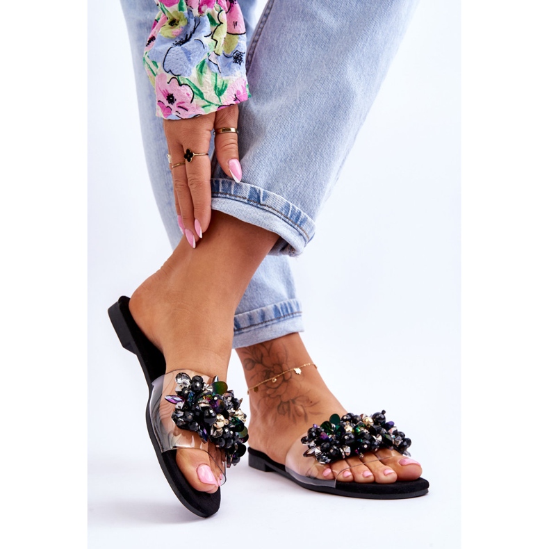 Ženske papuče s ukrasnim kamenčićima S.Barski KV-576-3 crne crno 2