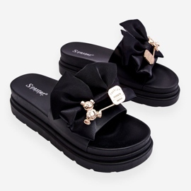 PE1 Papuče s mašnicom i ukrasnim medvjedićem Crni Suzy crno 1