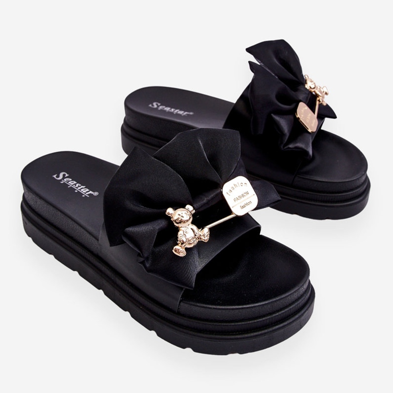 PE1 Papuče s mašnicom i ukrasnim medvjedićem Crni Suzy crna 1