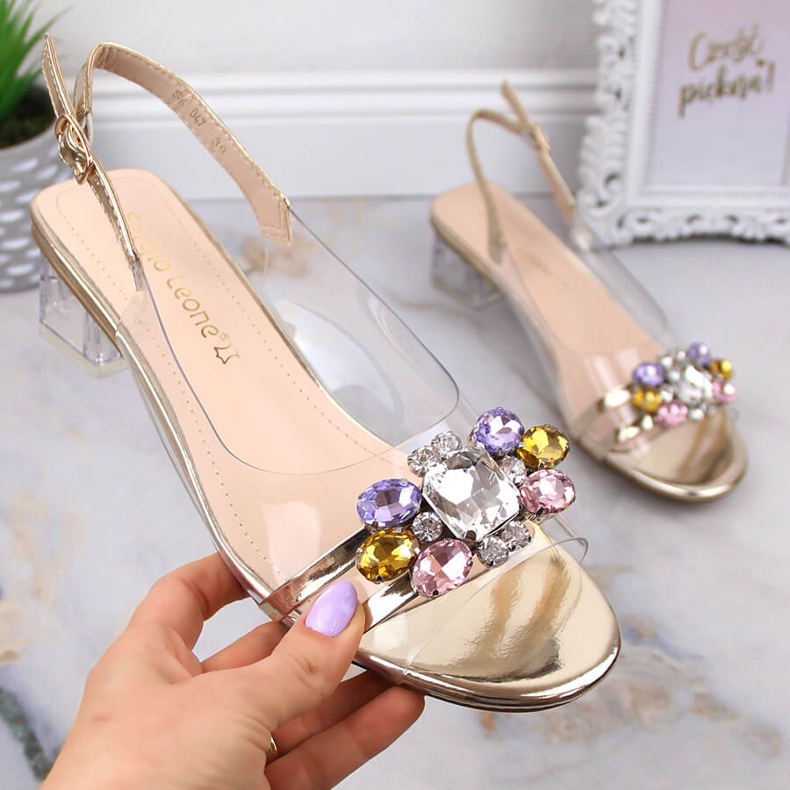 Prozirne sandale na nisku petu sa zlatnim kristalima Sergio Leone SK047 1