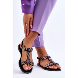 Crne ravne sandale Dallas od brušene kože s kamenjem crna 2