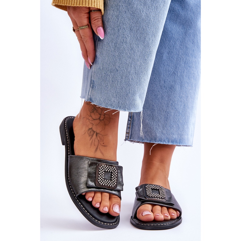 Ženske kožne papuče sa kamenčićima S.Barski KV-2775-33 Tamno srebrna srebro 1