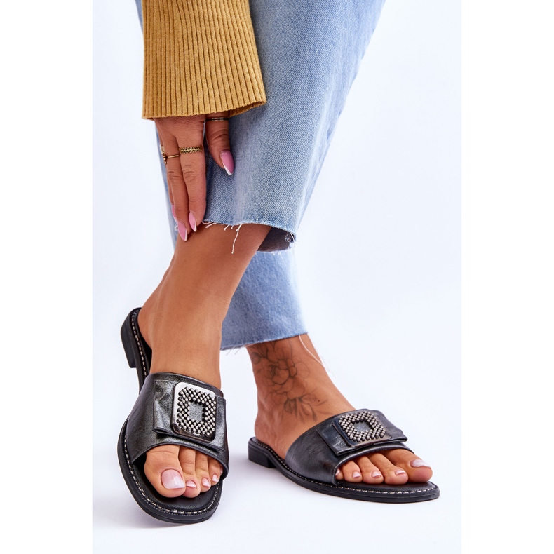 Ženske kožne papuče sa kamenčićima S.Barski KV-2775-33 Tamno srebrna srebro 2