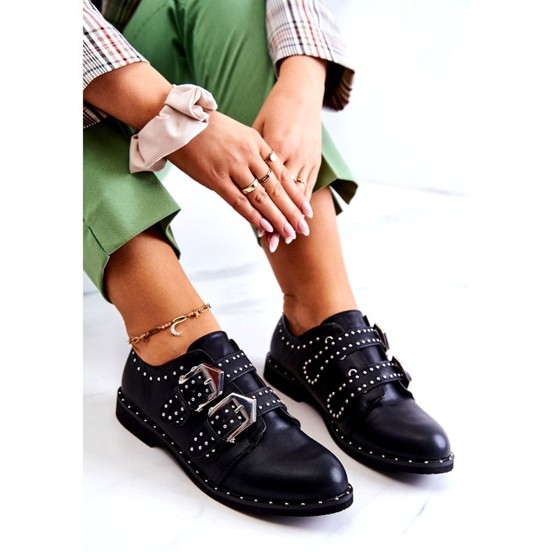 LU BOO Ženske cipele za eko kože s kopčama i klinovima crne crna 3