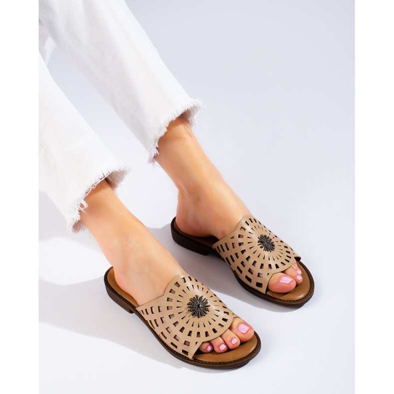 W. Potocki Ženske ažurne tamno bež papuče Potocki 1