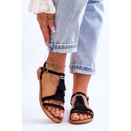 FRJ Ženske sandale Ravna antilop Boho Crna Lucami crno 1