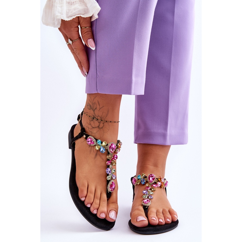 Japanke od brušene kože s kamenjem Black Frency crna 1