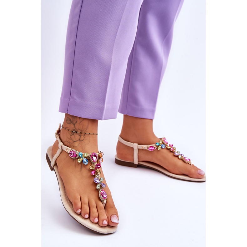 Japanke od brušene kože s kamenjem Bež Frency 2