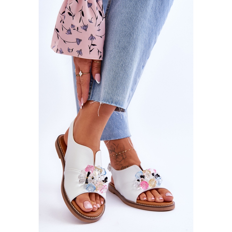 Vinceza Ženske kožne sandale s kamenčićima bijele boje Mersea crno 2